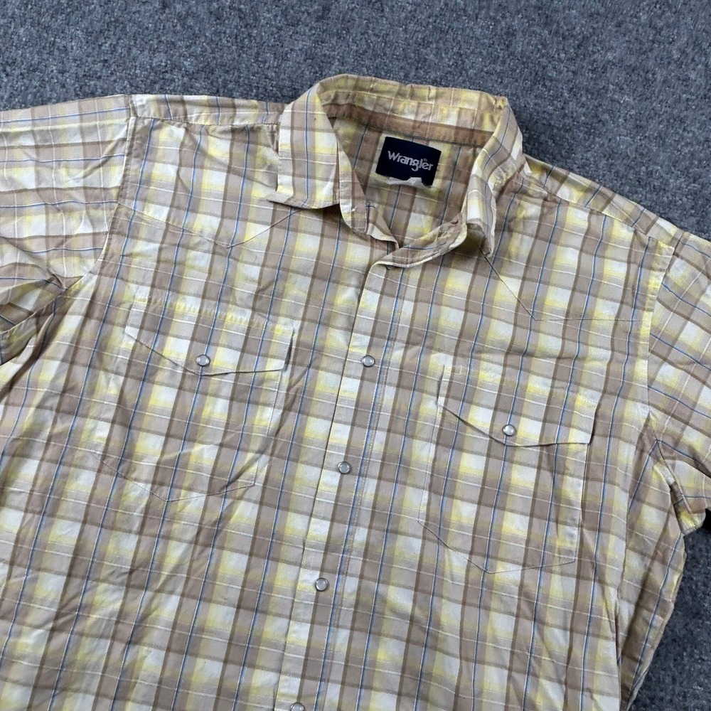 Wrangler Western Shirt Mens Large Tan Yellow Plaid Pearl Snap Short Sleeve